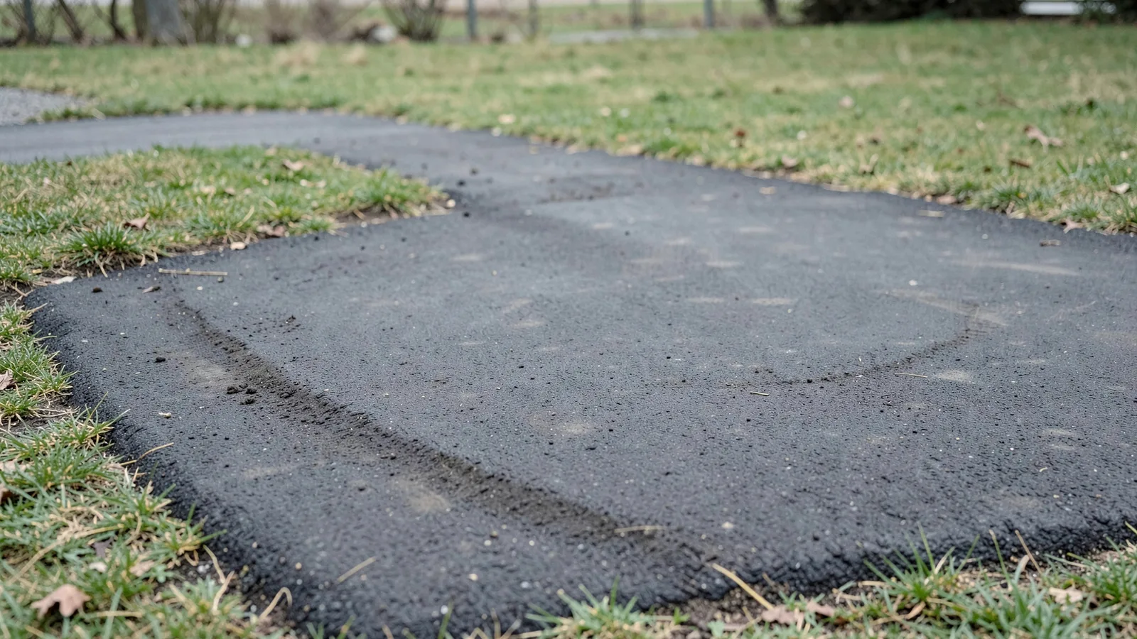 A finished matte charcoal asphalt driveway with a clean edge against a lawn and a gentle crown for drainage.