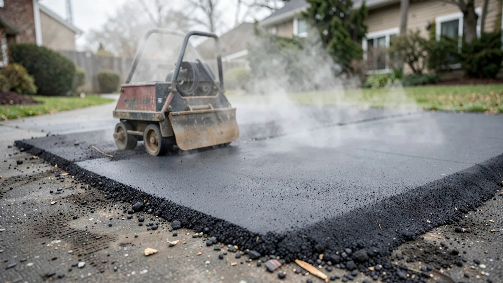 A small asphalt paver laying hot mix on a residential driveway with steam rising from the fresh surface and a roller waiting behind.